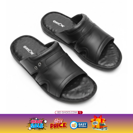 ORION Men’s Premium Leather Slide Sandals – Black, 100% Genuine Bovine Leather upper for durability and a soft feel against the skin.