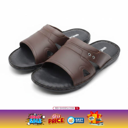 ORION Men’s Premium Leather Slide Sandals – Brown. High-quality, durable faux leather that resists wear and is easy to wipe clean.