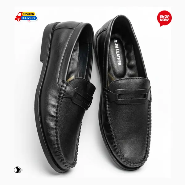 JM Leather Men’s Premium Black Faux-Leather Penny Loafer – Classic Formal & Casual Slip-Ons, Smooth synthetic leather (faux leather) with a textured finish.