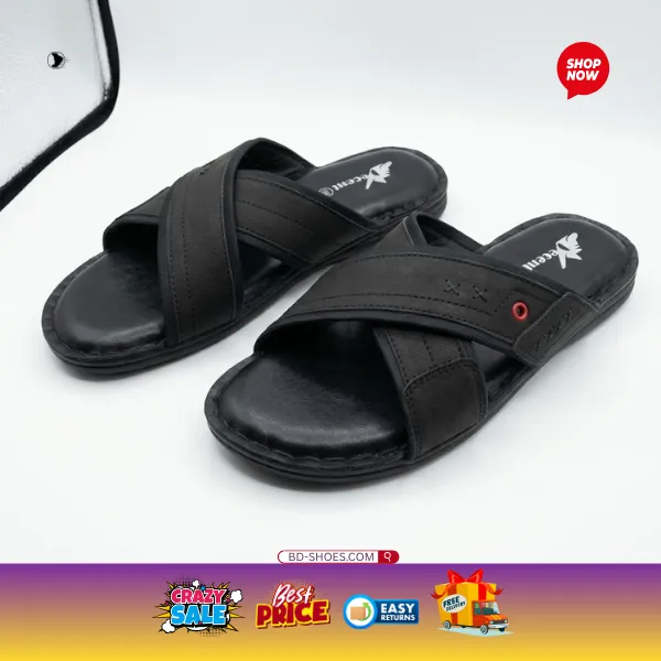 Cross-Strap Leather Sandals - Black, Lightweight, anti-slip rubber outsole designed for durability and traction on various surfaces.