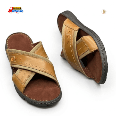 Premium Leather & Canvas Cross-Strap Sandals Features a high-quality, tan genuine leather upper paired with reinforced canvas straps for a textured.