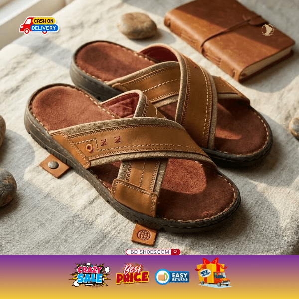 Premium Leather & Canvas Cross-Strap Sandals Features a high-quality, tan genuine leather upper paired with reinforced canvas straps for a textured.