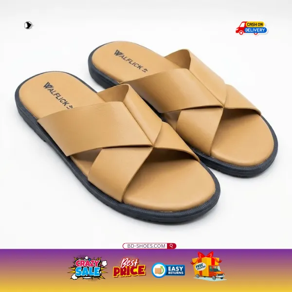 Walflick Tan Leather Slides | Handcrafted Comfort Sandals Modern Cross-Strap (X-Strap) design for a secure fit and sophisticated silhouette.
