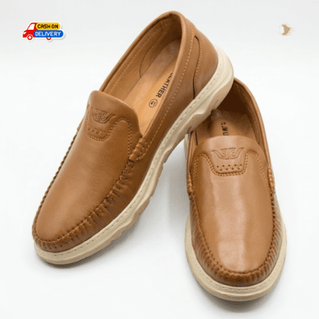 JM Leather Men’s Premium Tan Genuine Leather Loafers, Perfect with casual and semi-formal; pairs excellently with chinos, denim, or traditional attire.